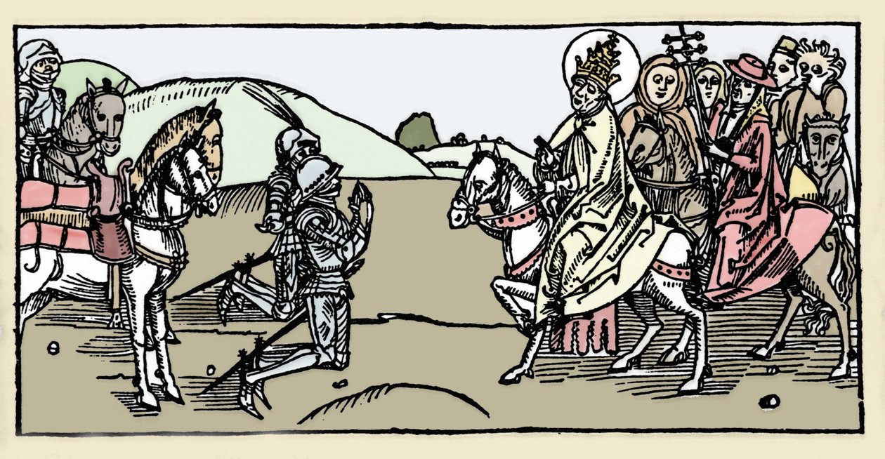Papież Leon I spotyka Attylę i Arrete - Najazdy barbarzyńców - Rycina z "Leben der Heiligen - sommerteil" (Księga Świętego) Jakuba (Jakuba) z Voragine (1228-1298). Lubeka 1488. autorstwa German School
