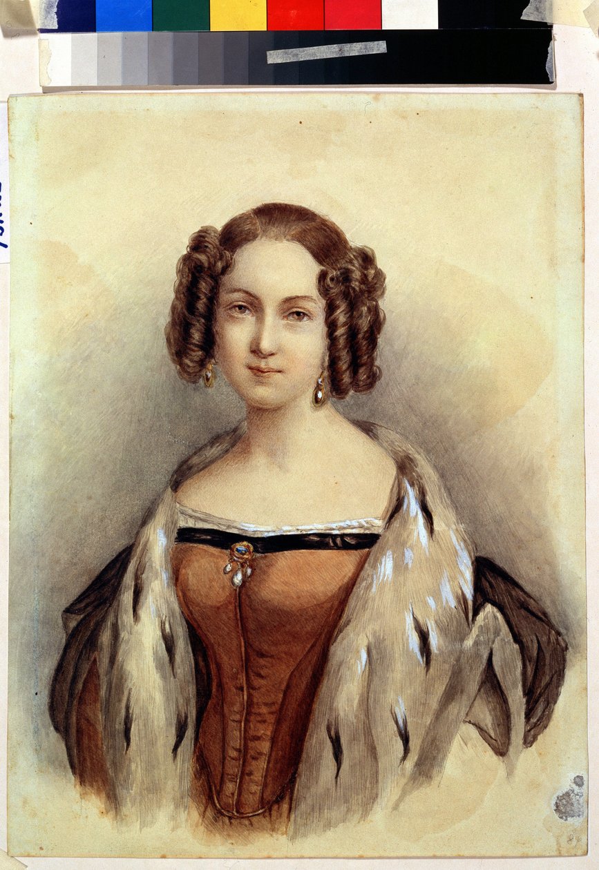 Portret księżnej Marii z Hesji i Renu (1824-1880), która zostanie cesarzową Rosji (Portret księżnej Marii z Hesji i Renu, przyszłej cesarzowej Rosji). Anonimowe malowanie. Akwarela na papierze, 39,3 x 23 cm, koniec 1830. Sztuka niemiecka autorstwa German School