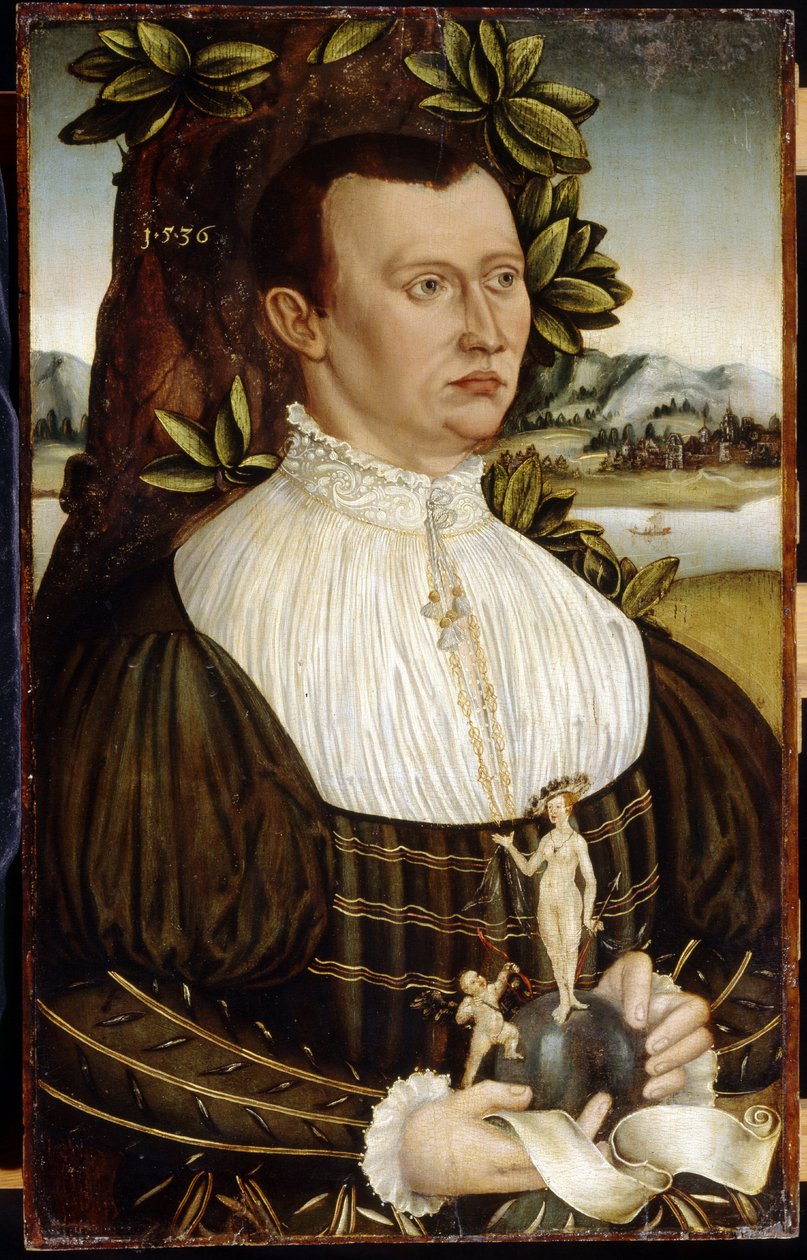 Portret mężczyzny (Portret mężczyzny). Ubrany w elegancki kostium, trzyma w rękach białą wstążkę i globus, na którym anioł wystrzeliwuje strzałę w kierunku nagiej kobiety, ozdobiony naszyjnikiem i naciągniętym kapeluszem. Malarstwo niemieckiego mistrza (ak autorstwa German School