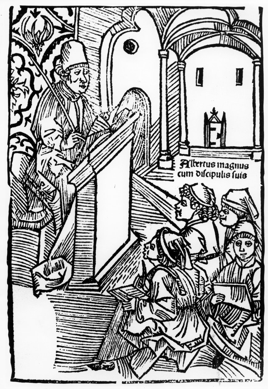 Portret Albertusa Magnusa z kilkoma jego uczniami, ilustracja do karty tytułowej Epitomaty, reparacji, czyli całej filozofii przyrody Arystotelesa. Gerardus de Harderwyck, opublikowany 14 autorstwa German School
