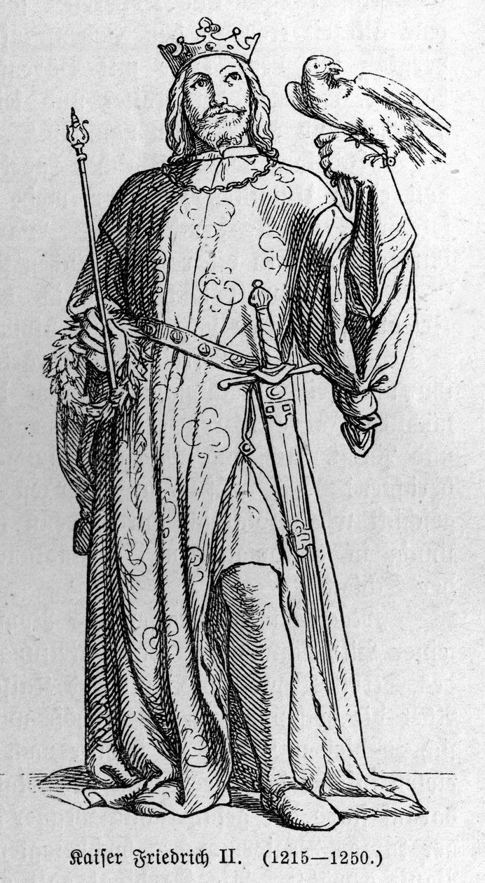 Portret Fryderyka II Hohenstaufów (1194-1250), króla Świętego Cesarstwa Rzymskiego. Grawerowanie w „Kaiser, Konig und Papft” autorstwa Richarda Rotha autorstwa German School
