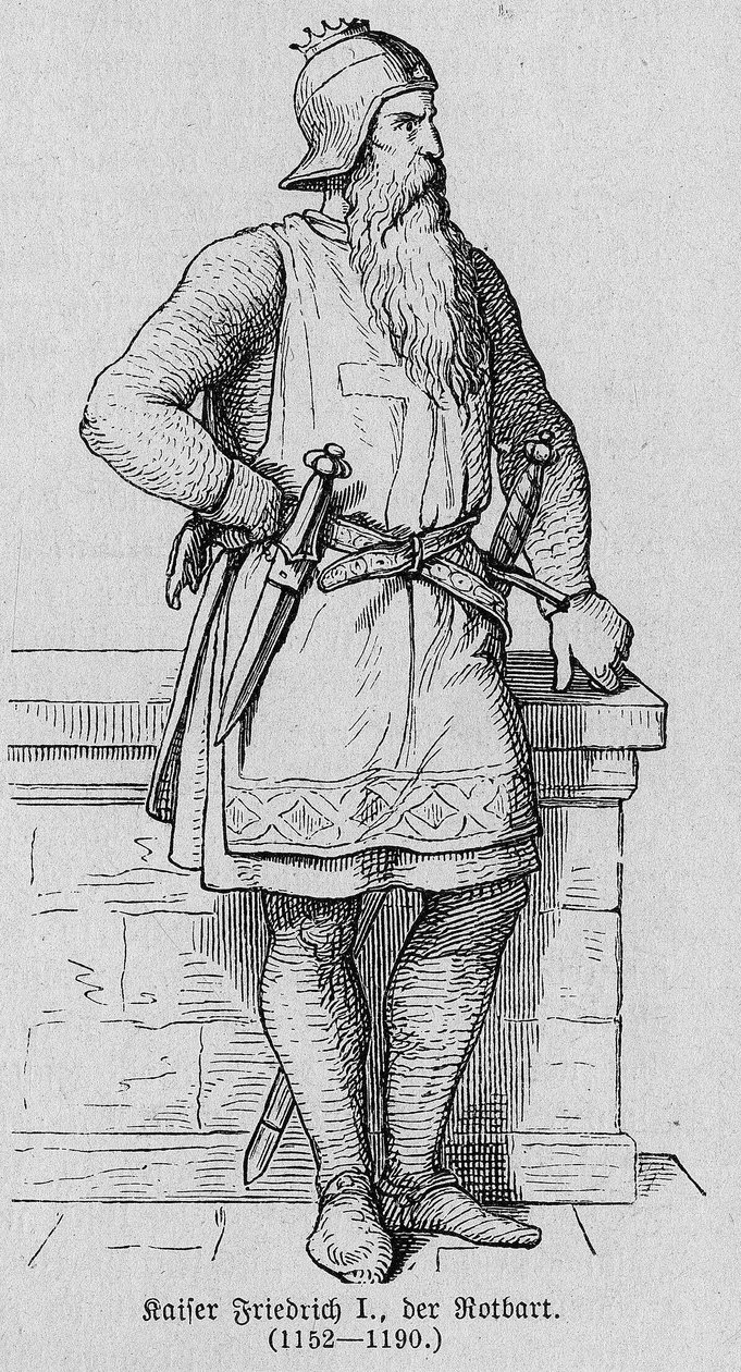 Portret Fryderyka I Hauhenstaufen znanego jako Fryderyk Barberousse (1122-1190), cesarza niemieckiego. Grawerowanie w „Kaiser, Konig und Papft” autorstwa Richarda Rotha autorstwa German School