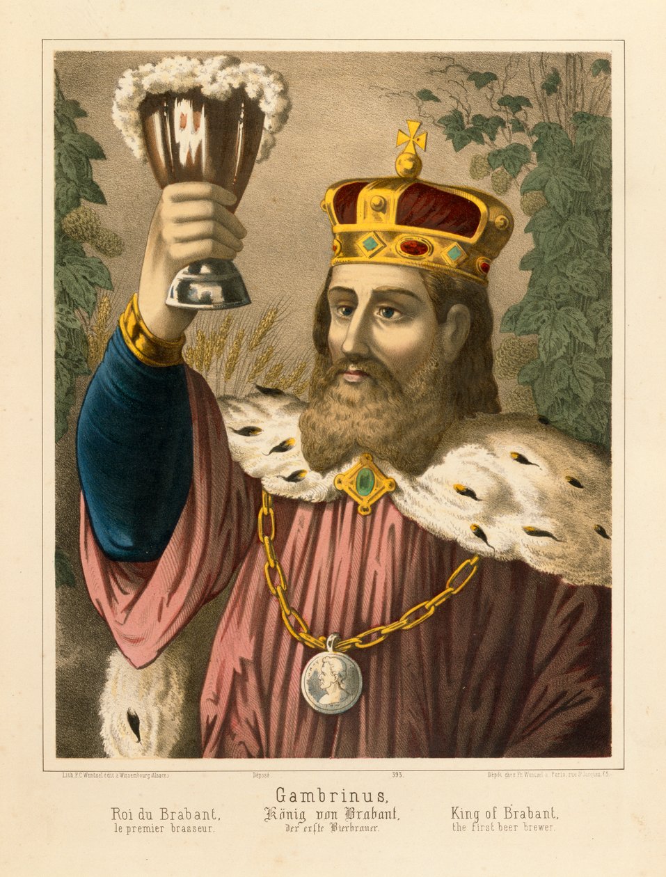 Portret Gambrinusa, legendarnego króla Flandrii, gazeta obrazkowa wydana przez F.C. Wentzel, Weißenburg, 1870 autorstwa German School