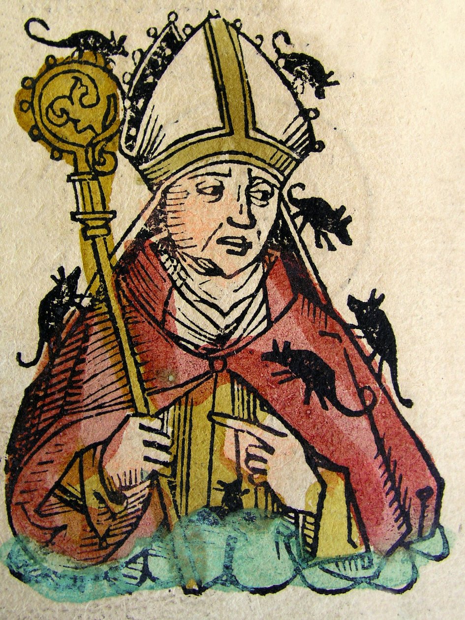 Portret Hatto, arcybiskupa Moguncji przedstawiony żywcem przez myszy, opublikowany w Kronice Norymberskiej, 1493 autorstwa German School