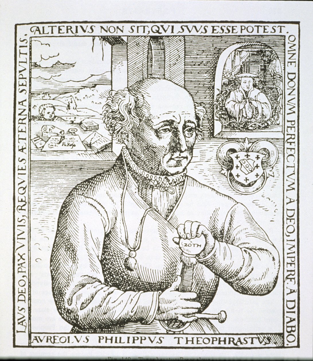 Portret Teofrastusa Paracelsusa (1493-1541), kopia ilustracji z jego książki Astronomica et Astrologica Pouscula, Kolonia 1567, wykorzystana w Historii magii, wydanej pod koniec XIX wieku (drewno autorstwa German School