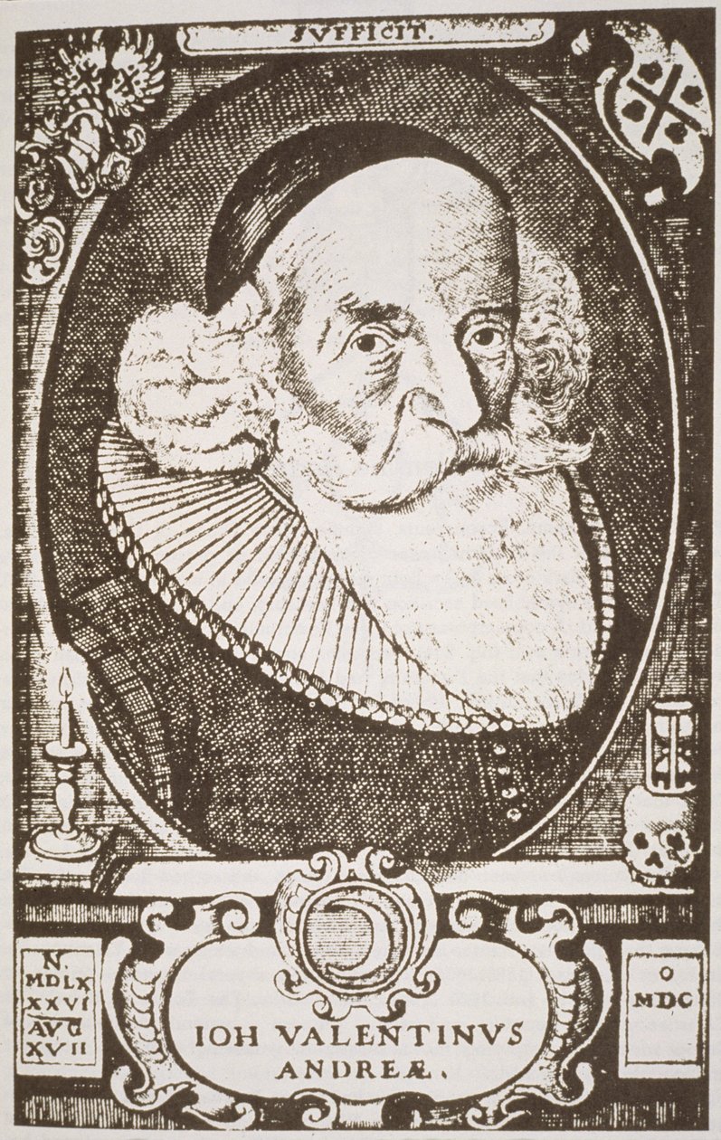 Portret Valentine Andreae (1568-1643), kopia ryciny niemieckiej ilustrowanej w Historii Magii, wydana pod koniec XIX wieku autorstwa German School
