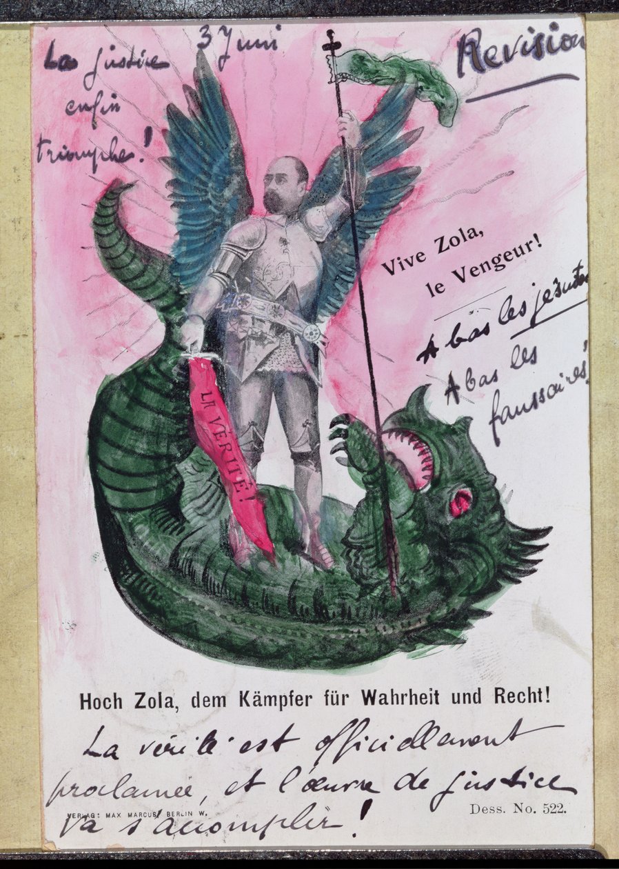 Pocztówka przedstawiająca Szlachetnego Zolę Wojownika Prawdy i Sprawiedliwości z adnotacjami (kolor lito z piórem i atramentem oraz wc) autorstwa German School