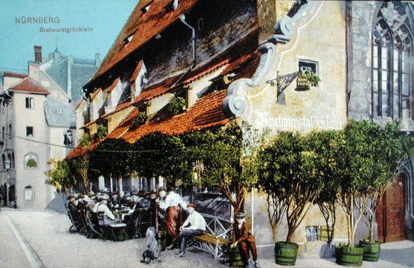 Pocztówka przedstawiająca restaurację Bratwurstglocklein w Nuernberg, przed 1914 r. (zdjęcie kolorowe) autorstwa German School