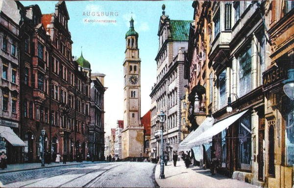 Pocztówka przedstawiająca Karolinenstrasse w Augsburgu, ok. 1910 (zdjęcie kolorowe) autorstwa German School