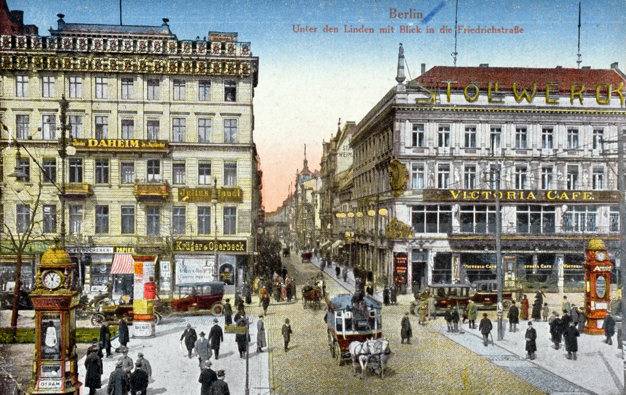 Pocztówka przedstawiająca Unter den Linden i Friedrichstrasse w Berlinie, ok. 1910 (zdjęcie kolorowe) autorstwa German School