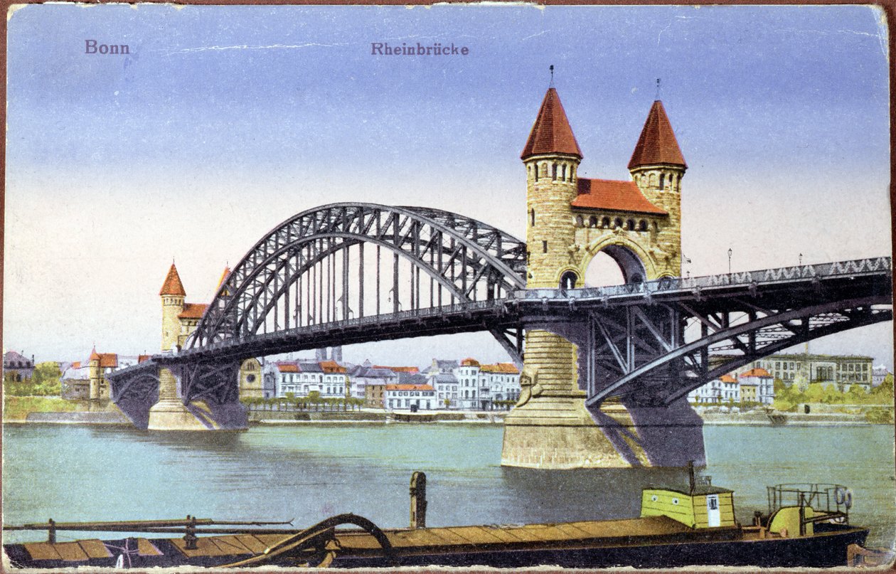 Pocztówka przedstawiająca most na rzece Ren w Bonn, ok. 1900 (zdjęcie kolorowe) autorstwa German School