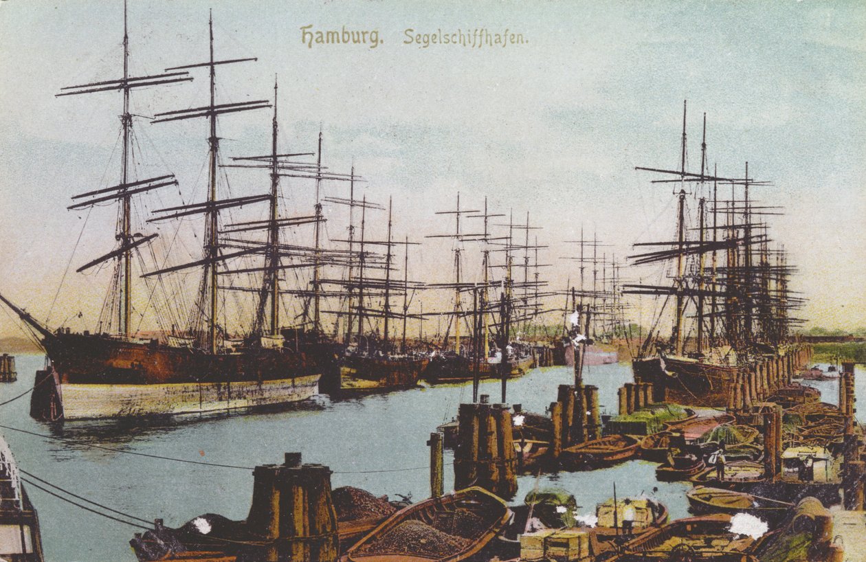 Pocztówka portu żaglowca w Hamburgu, ok. 1900 (kolorowe zdjęcie) autorstwa German School