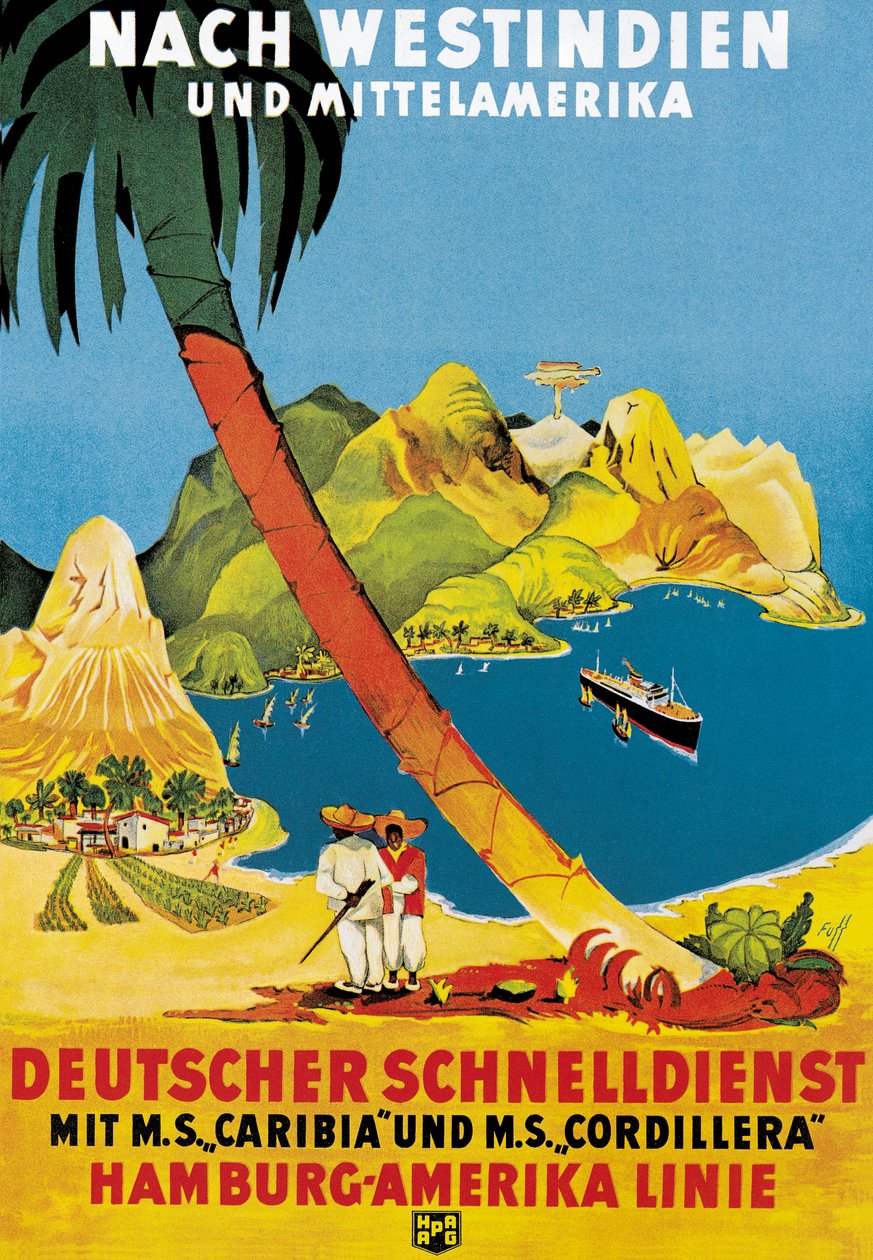 Plakat reklamujący trasy Hamburg-Amerika Linie do Indii Zachodnich i Ameryki Środkowej autorstwa German School
