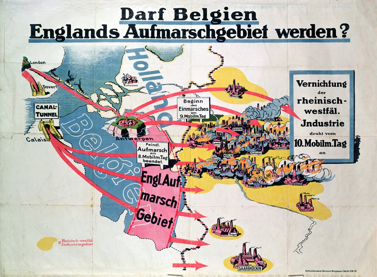 Plakat wyrażający niemiecki niepokój związany z proponowaną budową tunelu pod kanałem La Manche, łączącego Belgię i Anglię, ok. 1914-18 autorstwa German School