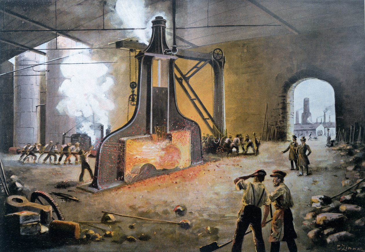 Młot mechaniczny wynaleziony przez Jamesa Nasmytha w Niemczech w 1842 r., rytowany przez E.Zimmera, z Le XIXeme siecle Hansa Kraemera, ok. 1900 (kolorowe grawerowanie) autorstwa German School