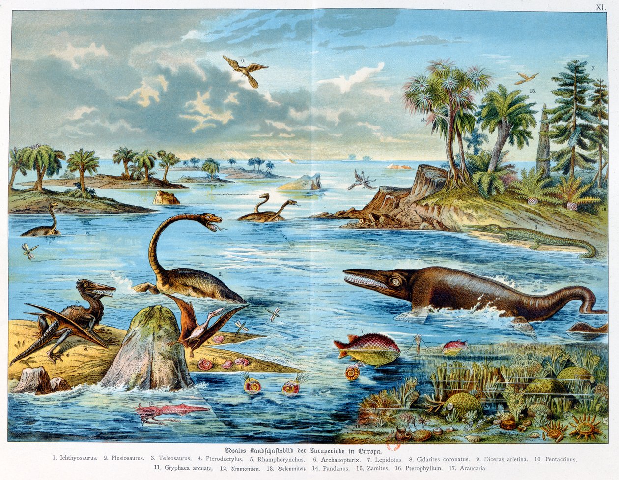 Prehistoria - Jura - rekonstrukcja środowiska przyrodniczego Europy i niektórych zwierząt tego okresu, 1886 autorstwa German School