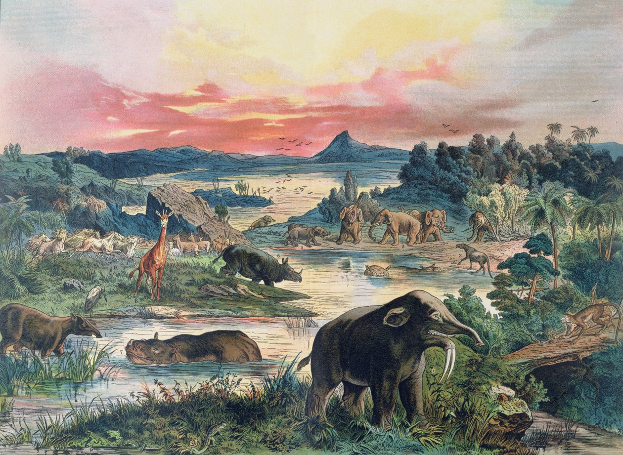 Prehistoria - Trzeciorzędowość - rekonstrukcja środowiska naturalnego Europy i niektórych zwierząt tego okresu, 1886 autorstwa German School