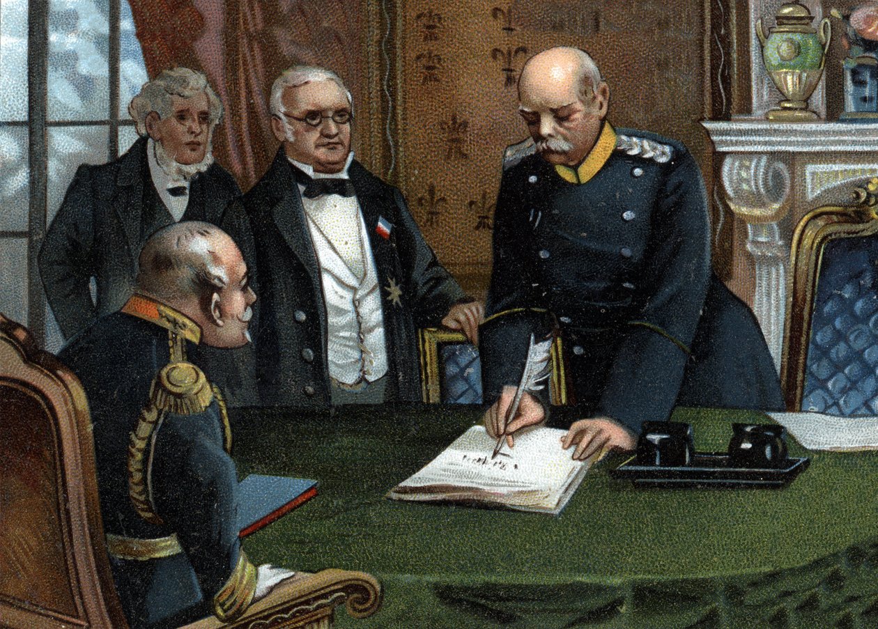 Wstępny traktat pokojowy z dnia 26 lutego 1871 r. podpisany w Wersalu, zakończenie wojny francusko-pruskiej między szefem władzy wykonawczej Rzeczypospolitej panem Adolphe Thiers a ministrem spraw zagranicznych panem Julesem Favrem, przedstawicielami Franc autorstwa German School