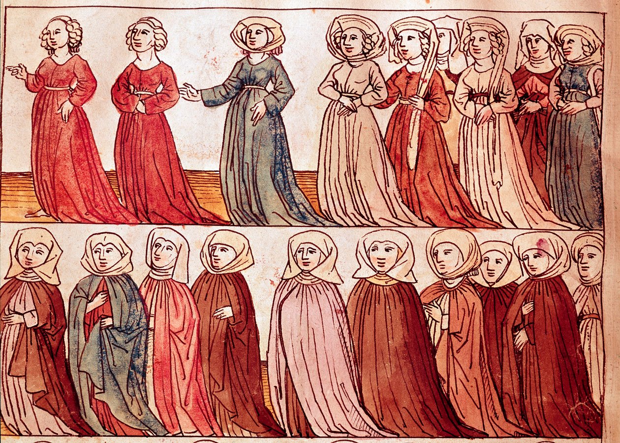 Procesja kobiet z Cyganerii. Miniatura z „Kroniki soboru w Konstancji” Ulricha Richentala (1360-1437) 1438 ok. Praga, biblioteka narodowa autorstwa German School