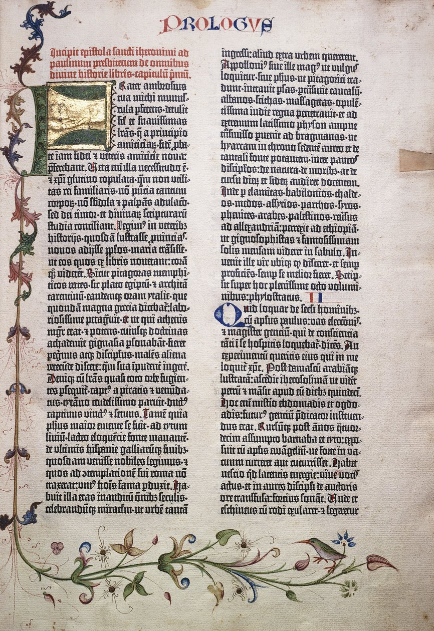 Folio prologu ze złotą i zieloną literą „F” i obramowaniem z liści, kwiatów, pnączy i ptaka, 1455 autorstwa German School