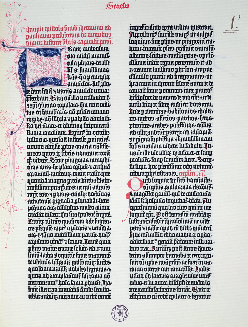 Prolog Biblii Gutenberga, wydrukowany przez Johannesa Gutenberga (ok. 1400-68) i Petera Schoeffera (1425-1502) w Moguncji, 1454-56 (papier drukowany) autorstwa German School