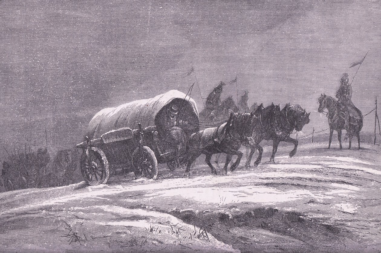 Pruski post polowy w śniegu, Cassells History of the War between France and Germany, wydany przez Cassell and Company Limited, c.1890 (lito) autorstwa German School