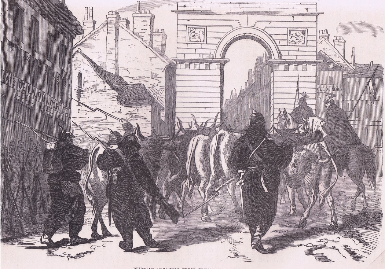 Pruskie wojska żerujące przywożące bydło, Cassells History of the War between France and Germany, opublikowane przez Cassell and Company Limited, c.1890 (litografia) autorstwa German School