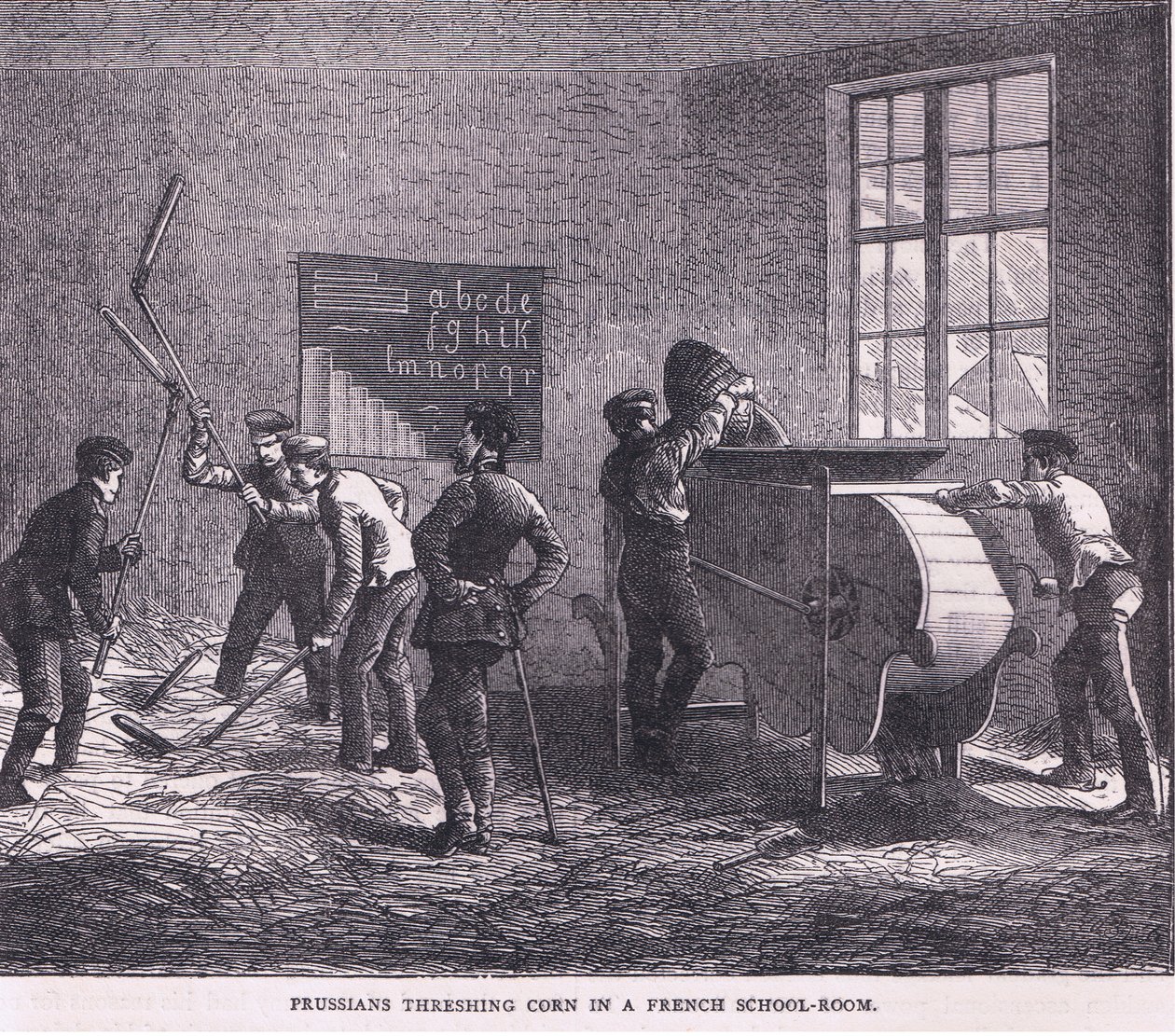 Prusowie młócą kukurydzę w francuskiej sali szkolnej, Cassells History of the War between France and Germany wydana przez Cassell and Company Limited, c.1890 (lito) autorstwa German School
