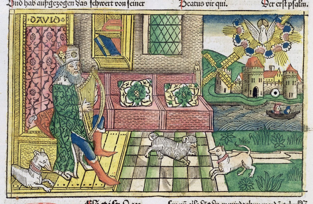 Psalmy: frontyspis przedstawiający króla Dawida grającego na lirze, z Biblii norymberskiej (Biblia Sacra Germanaica) (kolorowy drzeworyt) autorstwa German School