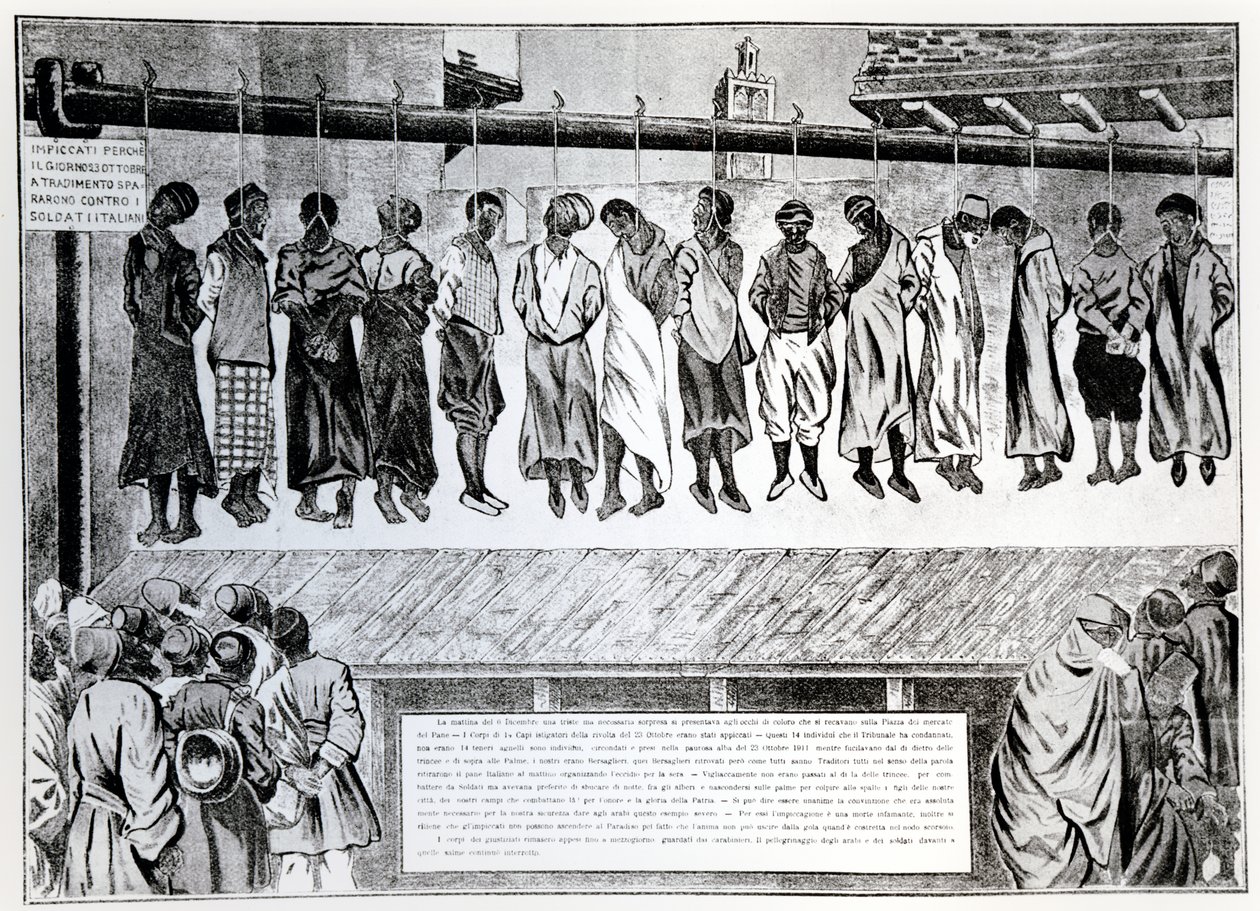 Publiczna egzekucja obywateli Trypolisu, którzy sprzeciwiali się inwazji włoskiej w 1911 r., z magazynu Simplicissimus, 1912 r. autorstwa German School