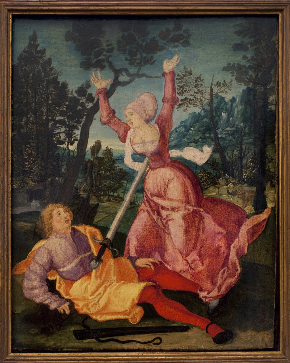 Pyramus i Thisbe. (Dwaj Babilończycy kochali się nawzajem pomimo sprzeciwu ich rodzin, decydując się na wspólną ucieczkę, spotykają się u stóp muriera. Przybywając Pyramus wierzy, że jej przyjaciółka została pożarta przez lwicę i dźgnęła się autorstwa German School