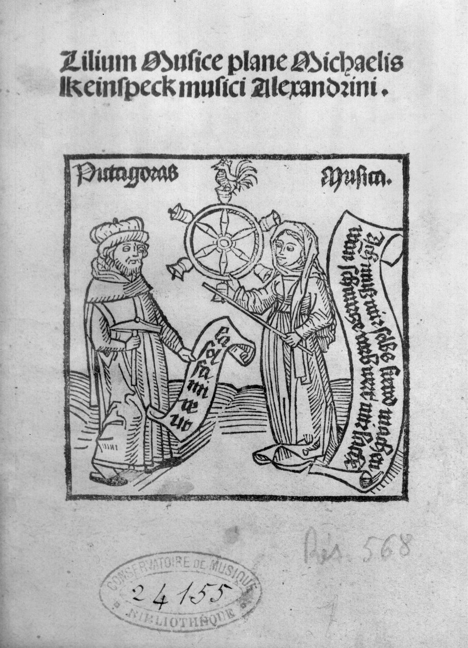 Pitagoras (ok. 580-500 pne) i Muzyka, strona tytułowa z Lilium Musicae Michaela Keinspecka, Augsburg, opublikowana w 1500 autorstwa German School