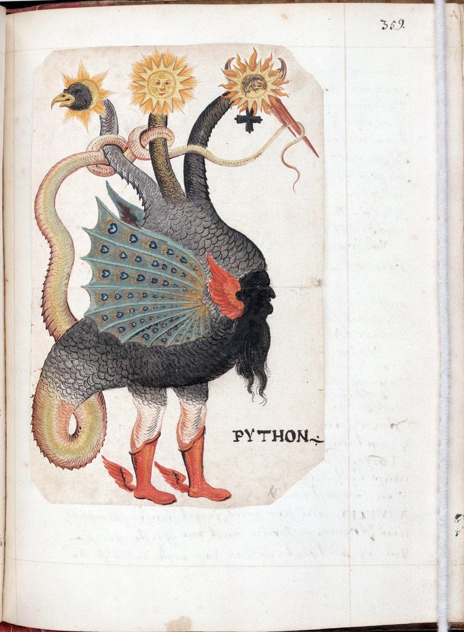 Python - Dzieło niemieckiego mistrza, akwarela na pergaminie wydobyta z Recueil alchimie et rosicrucien, ok. 1760 - (Pyton (z: Kompendium alchemiczne i różokrzyżowe), Akwarela na pergaminie niemieckiego mistrza, ok. 1760) - Uniwersytet Yale, New Haven autorstwa German School