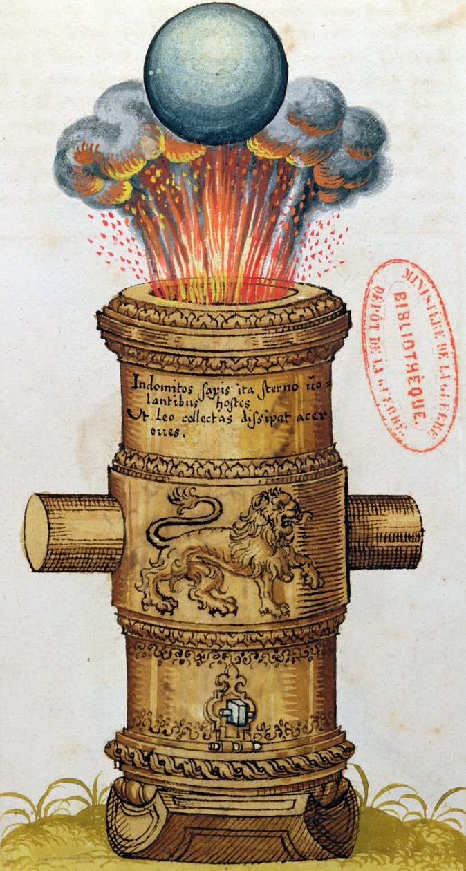 Podniesione działo strzelające kulą armatnią, z Sztuka artylerii, 1570 (wc) autorstwa German School