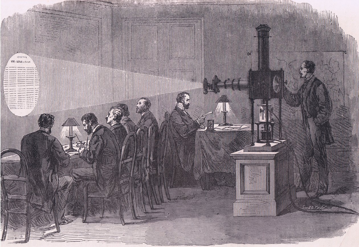 Odczytywanie odlotów balonów przez mikroskop, Cassells History of the War between France and Germany wydane przez Cassell and Company Limited, c.1890 (lito) autorstwa German School