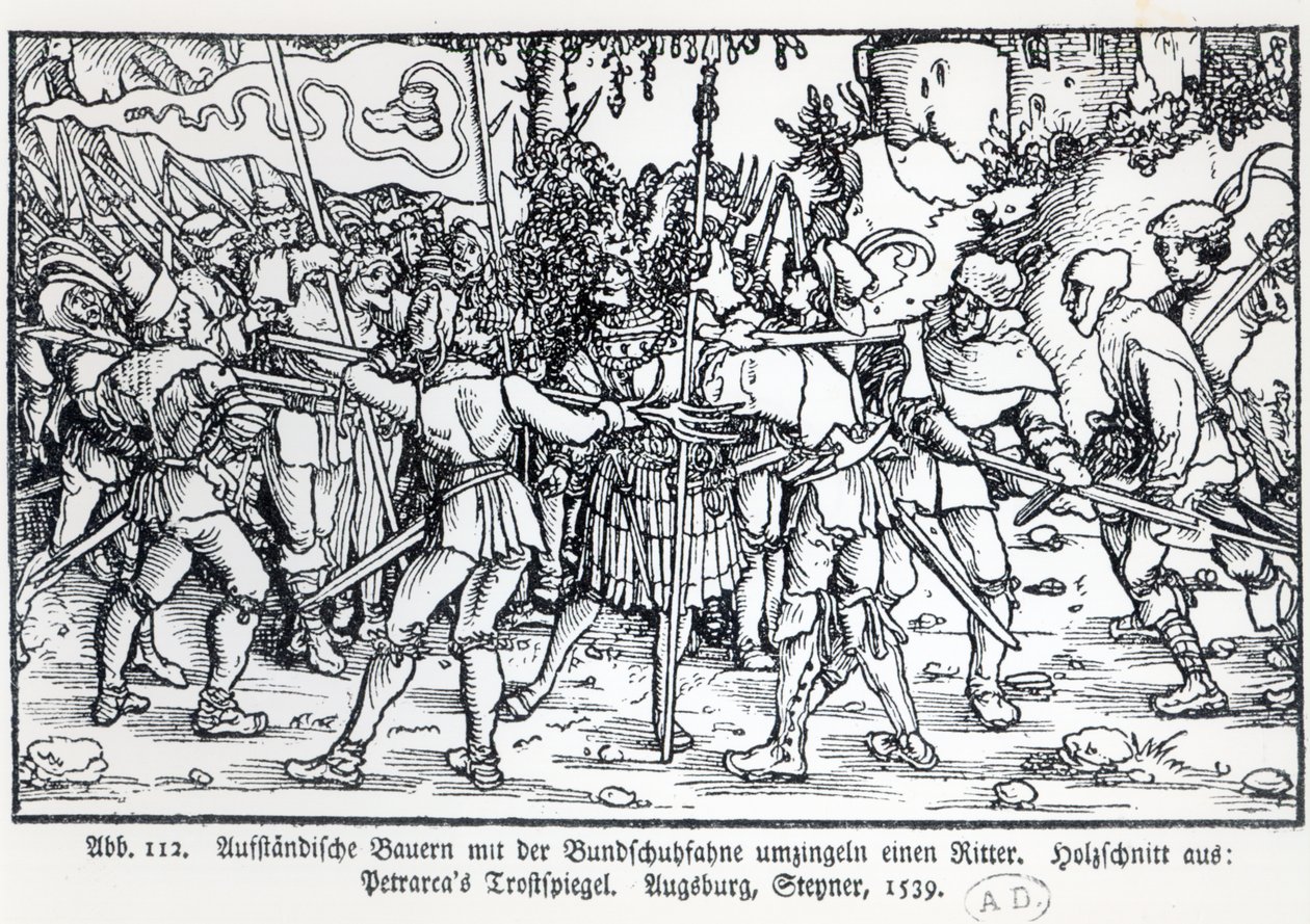 Zbuntowani chłopi otaczający rycerza, od ilustracji do Trostspiegel Petrarki, 1539 autorstwa German School