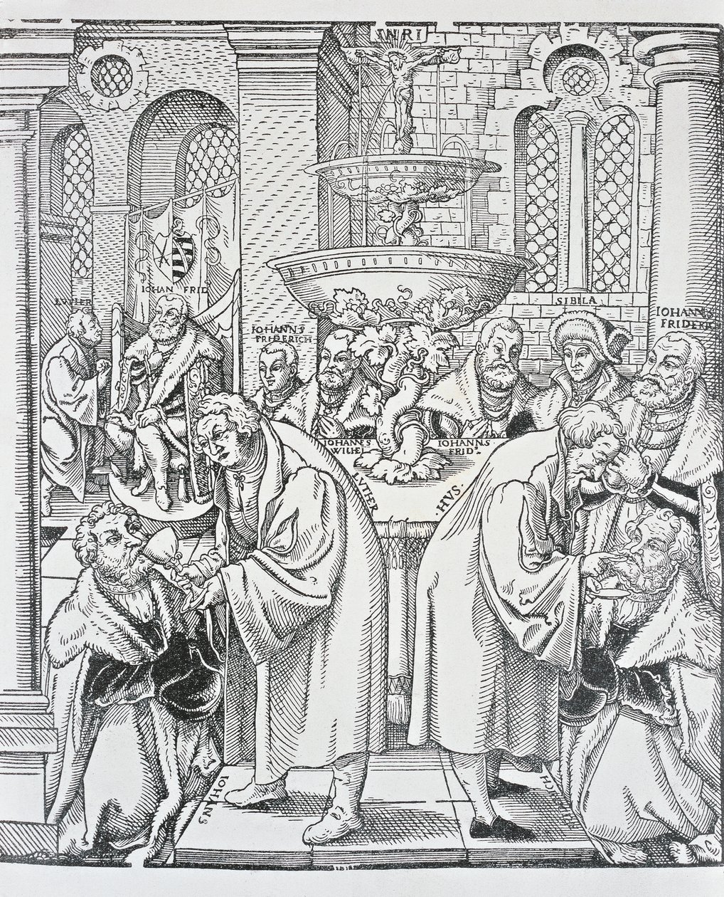 Reformatorzy Marcin Luter i Jan Hus udzielający Komunii (grafika) autorstwa German School