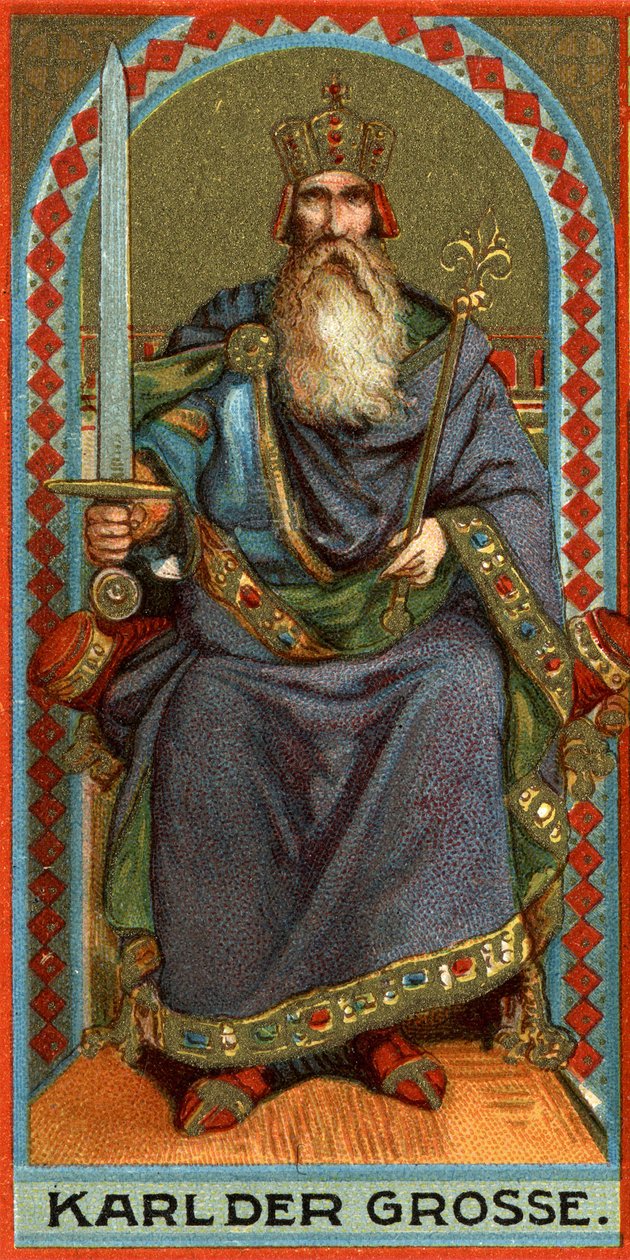 Reprezentacja Karola Wielkiego (742-814), króla Franków, Longobardów, a następnie cesarza. Chromolitografia autorstwa German School