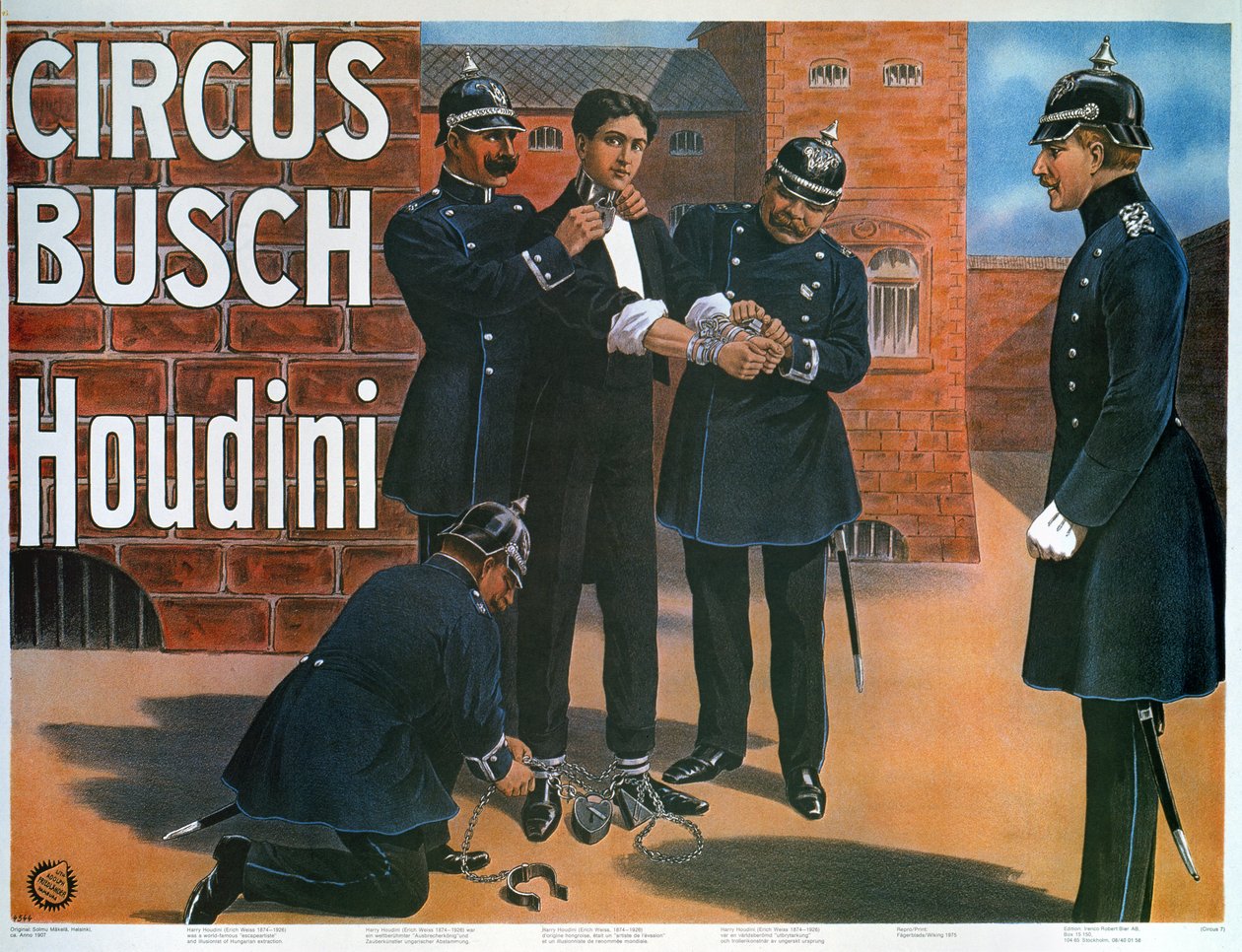 Reprodukcja plakatu z 1907 roku przedstawiającego Houdiniego przed ucieczką z niemieckiego więzienia autorstwa German School