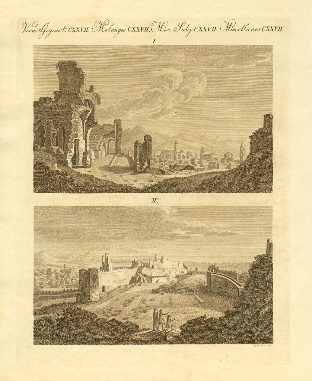 Ruiny starego miasta Sagunto w Hiszpanii (kolorowy grawerunek) autorstwa German School