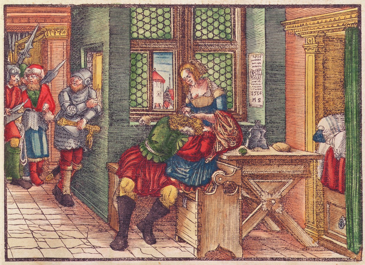Samson i Dalila, z Biblii Lutra, ok. 1530 (kolorowy drzeworyt) autorstwa German School