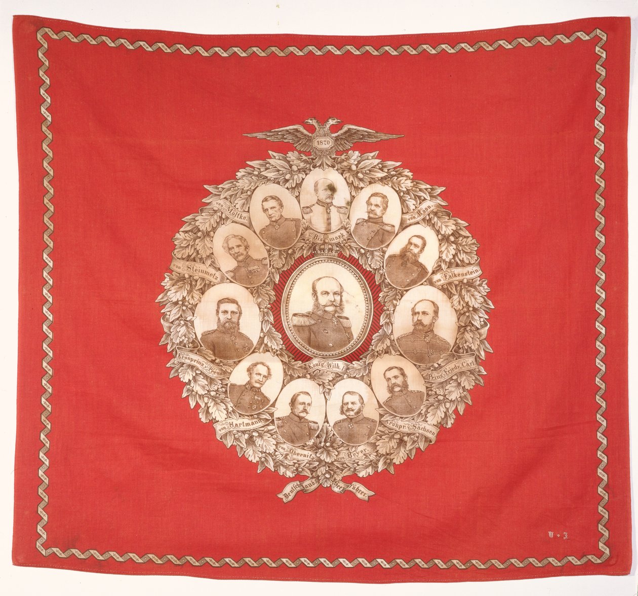 Szalik przedstawiający cesarza niemieckiego Wilhelma I (1797-1888) w otoczeniu Bismarcka i zwycięskich marszałków na cześć wojny francusko-pruskiej, 1870 (jedwab) autorstwa German School