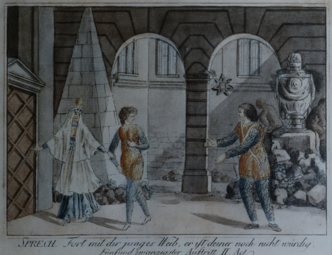 Scena z Czarodziejskiego fletu Wolfganga Amadeusza Mozarta (pióro i atrament oraz toaleta na papierze) autorstwa German School