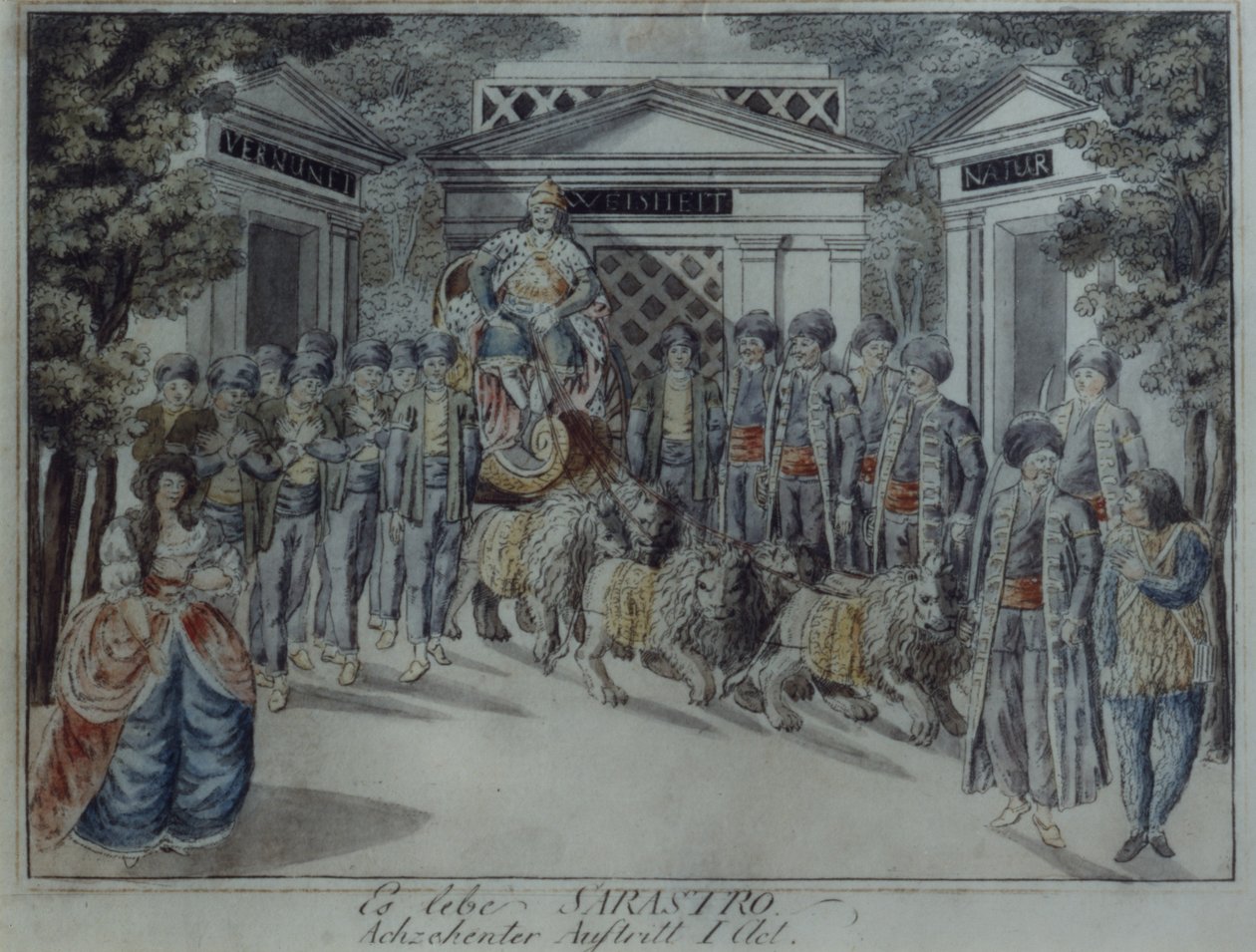 Scena z Czarodziejskiego fletu Wolfganga Amadeusza Mozarta (pióro i atrament oraz toaleta na papierze) autorstwa German School