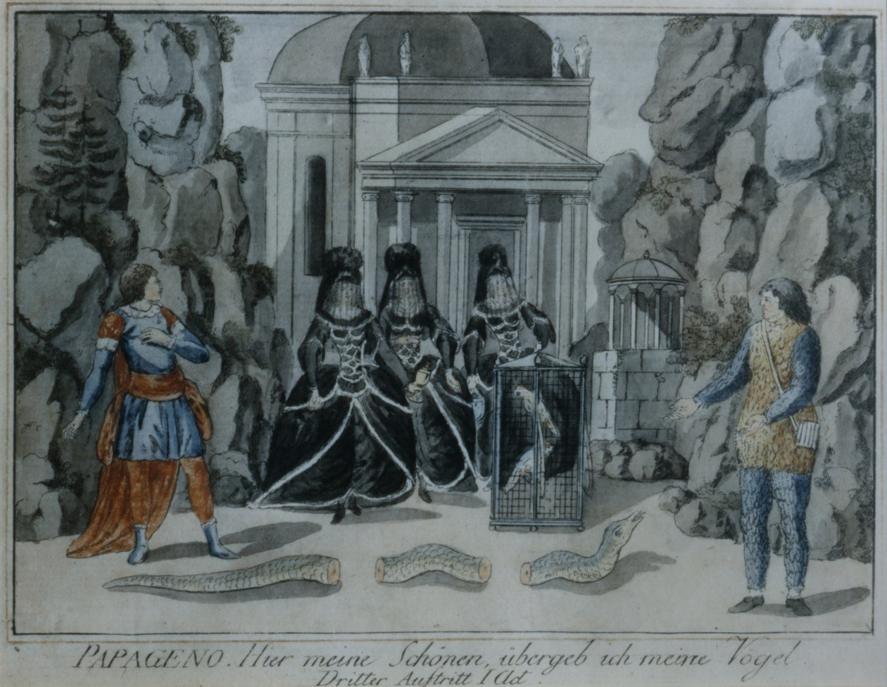 Scena z Czarodziejskiego fletu Wolfganga Amadeusza Mozarta (pióro i atrament oraz toaleta na papierze) autorstwa German School