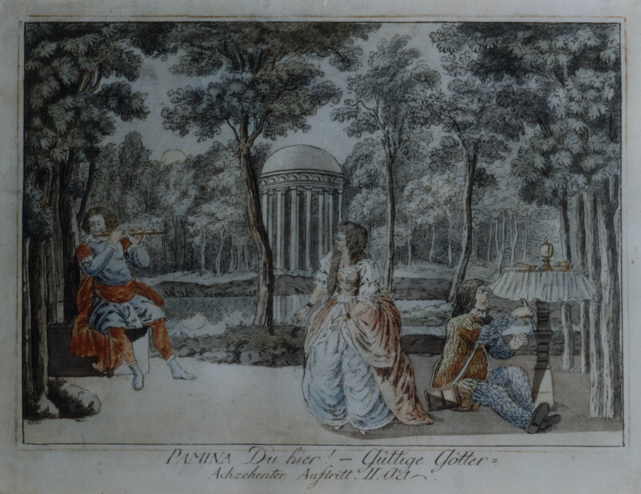 Scena z Czarodziejskiego fletu Wolfganga Amadeusza Mozarta (pióro i atrament oraz toaleta na papierze) autorstwa German School
