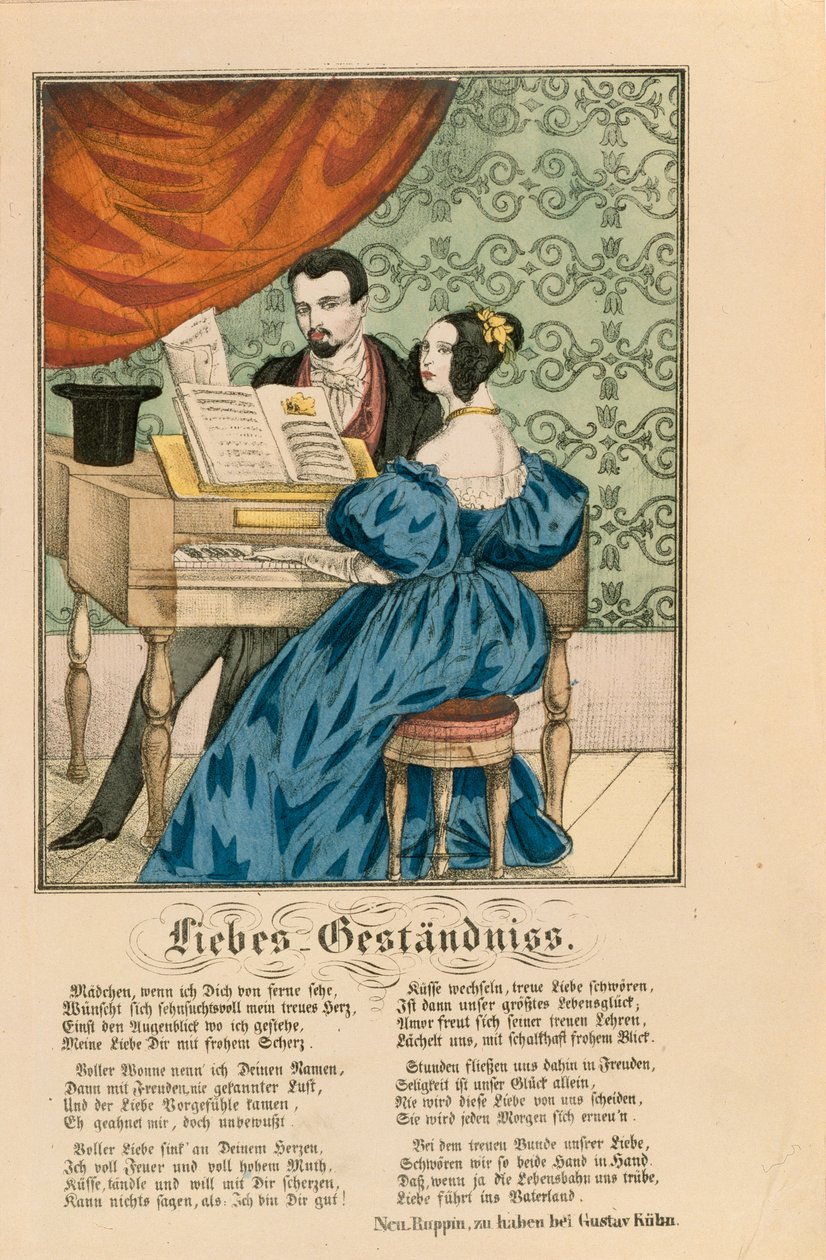 Scena przedstawiająca parę przy fortepianie, pod spodem zapisany wiersz miłosny, z Neuruppiner Bilderbogen, 1850 autorstwa German School