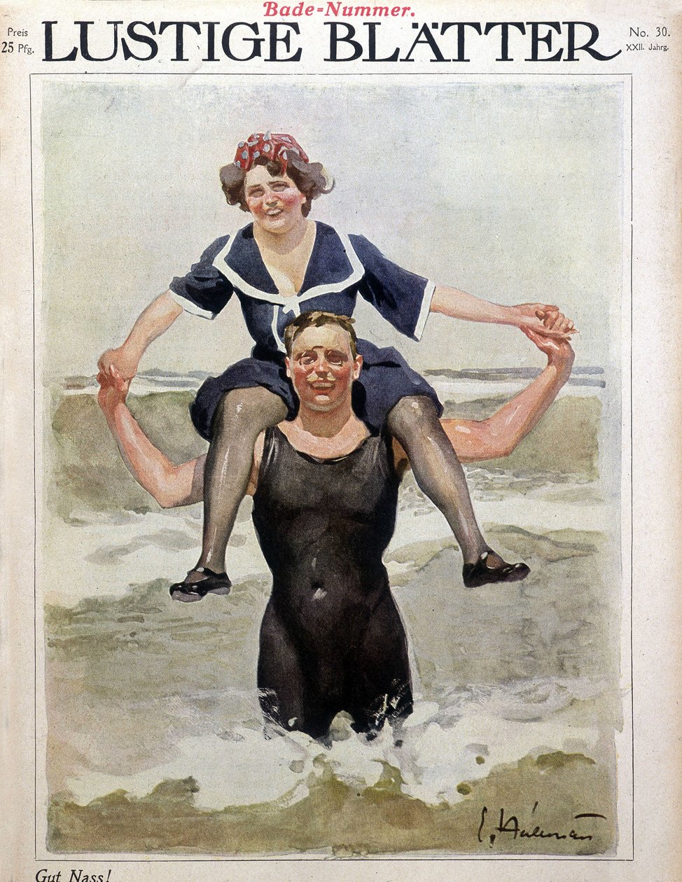Kąpiel morska: para na falach - w „”Lustige Bl¿tter””, b.d. autorstwa German School