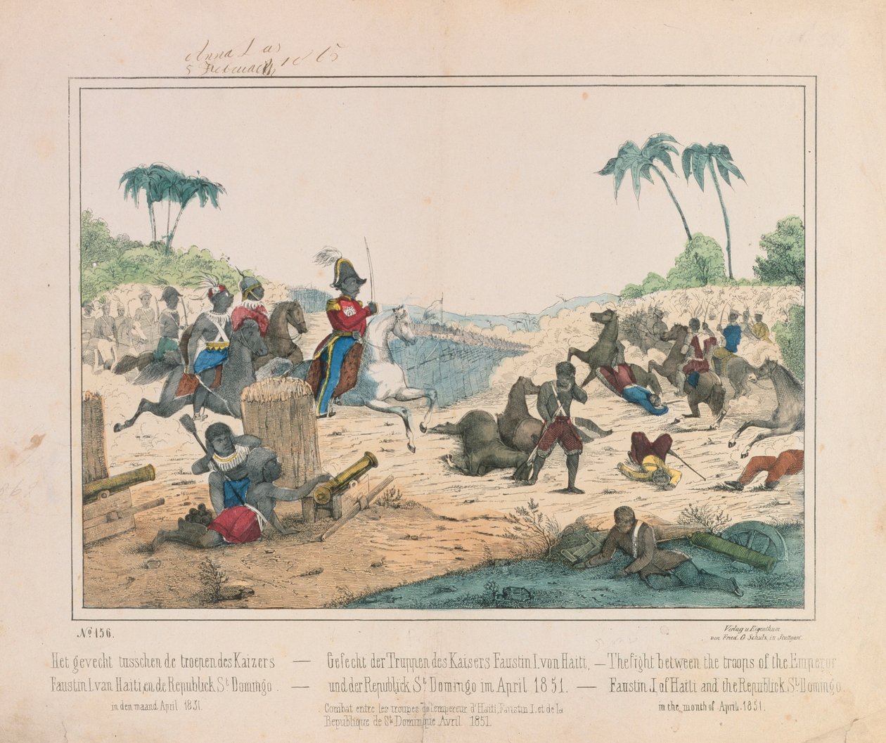 Potyczka między wojskami cesarza Faustyna I Haiti i Republiki Dominikańskiej Santo Domingo w kwietniu 1851 r., gazetka obrazkowa opublikowana przez Fried. Schulz Verlag, Stuttgart, 1851 autorstwa German School