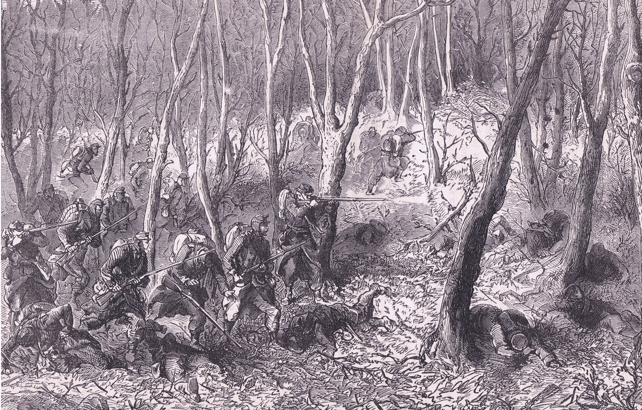 Potyczka w lasach pod Paryżem, Cassells History of the War between France and Germany, wydana przez Cassell and Company Limited, c.1890 (lito) autorstwa German School
